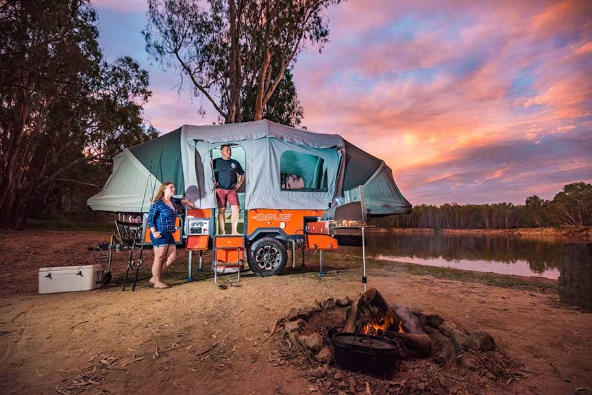 Opus OP4 off-road pop-up camper, demonstrating its rugged design and inflatable tent setup