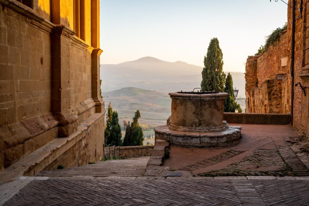 Scenic viewpoint in Pienza, Tuscany, overlooking the rolling hills