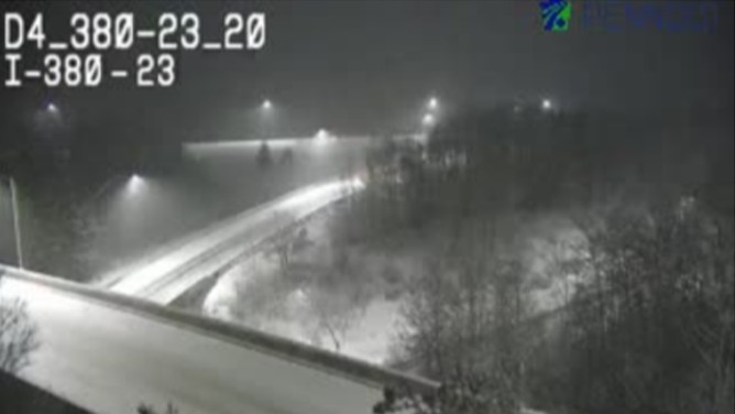 Image from PA511 shows snow falling along I-380 at Exit 24 in Pennsylvania on Thanksgiving Day, November 28, 2024, illustrating the real-time impact of the winter storm on road conditions.