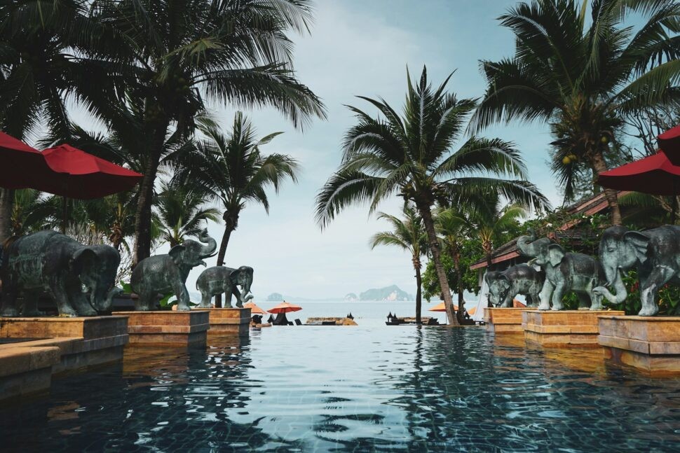 Serene pool overlooking limestone cliffs in Krabi, Thailand, a tropical paradise