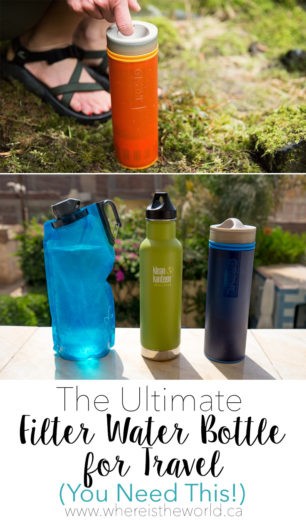 Pinterest graphic for travel water bottle guide, promoting reusable and filtered water bottles.