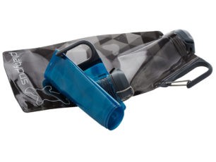 Platypus collapsible travel water storage folded, showcasing its space-saving design.