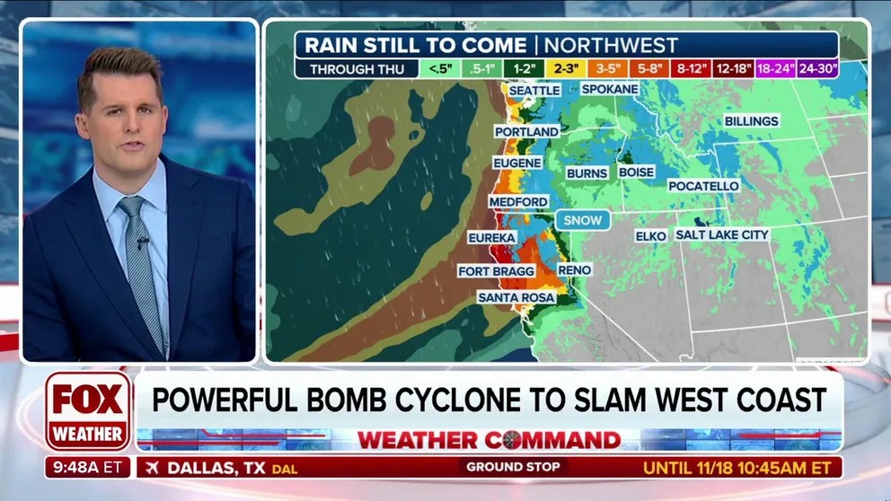 A powerful bomb cyclone associated with a major atmospheric river is forecast to drench the West Coast, from Washington to California, midweek, potentially leading to flooding.