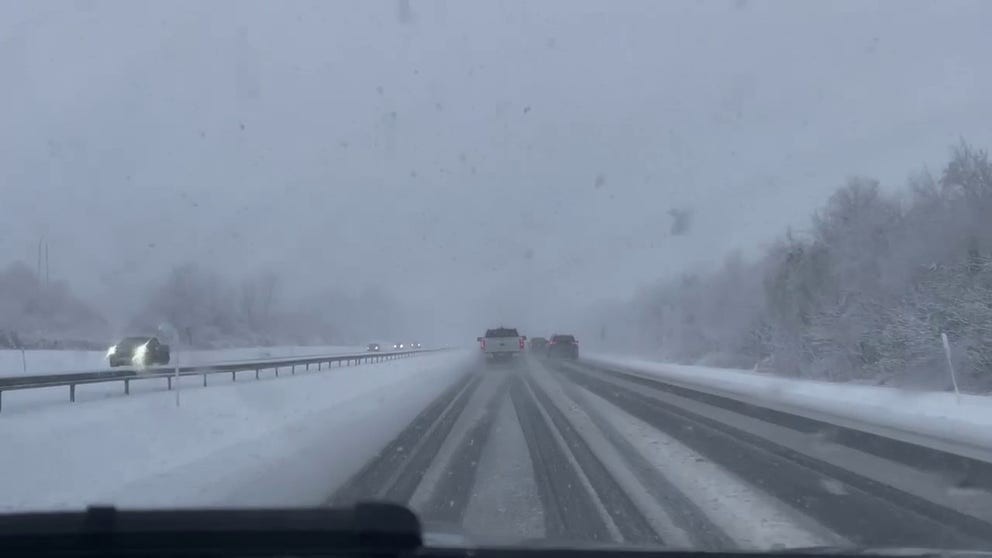 A video shows a snowy scene on the New York State Thruway (Interstate 90) near Amsterdam, illustrating the winter wonderland conditions caused by the Thanksgiving storm.