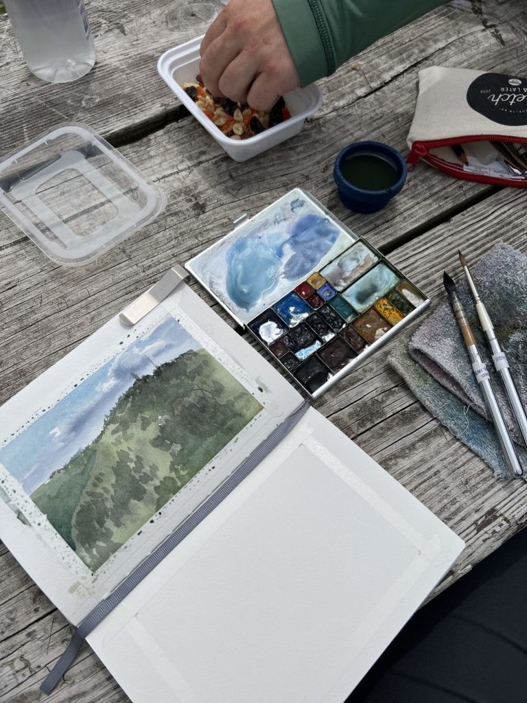 Picture of sketch done plein air on hike using portable watercolor painting kit.