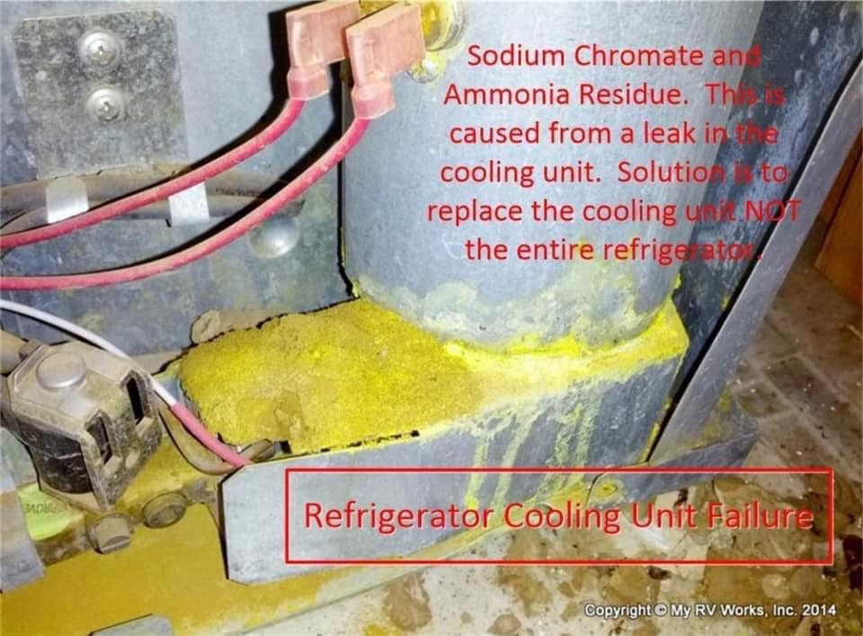 Leaking cooling unit of a travel trailer refrigerator, indicating a need for inspection and potential travel trailer fridge repair.