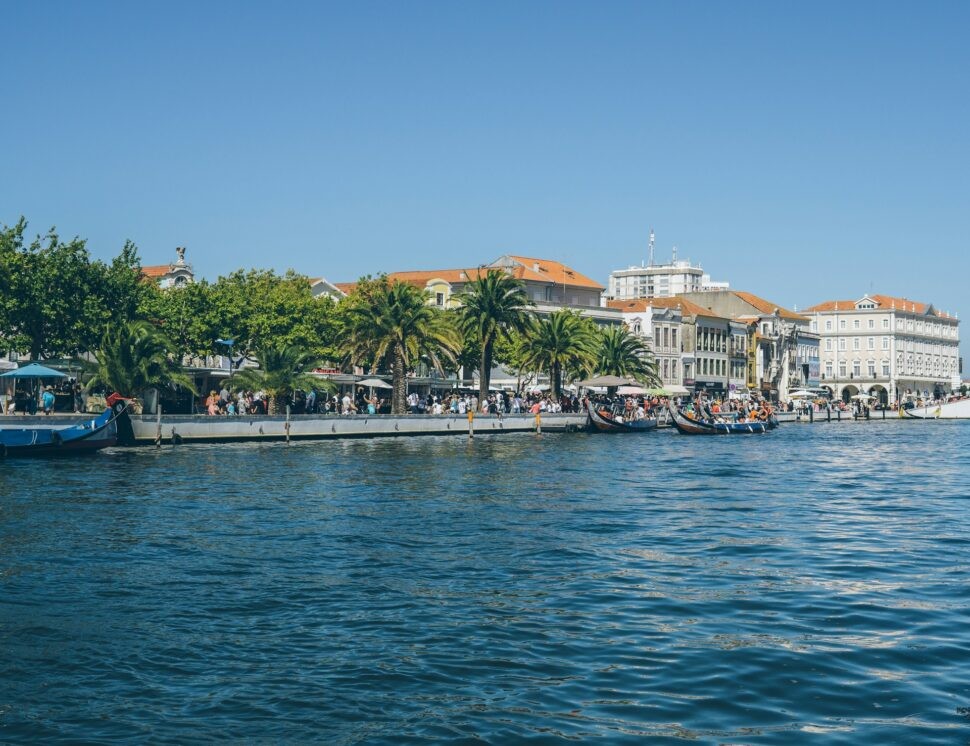 Colorful boats moored in the canals of Aveiro, Portugal, known as the Venice of Portugal