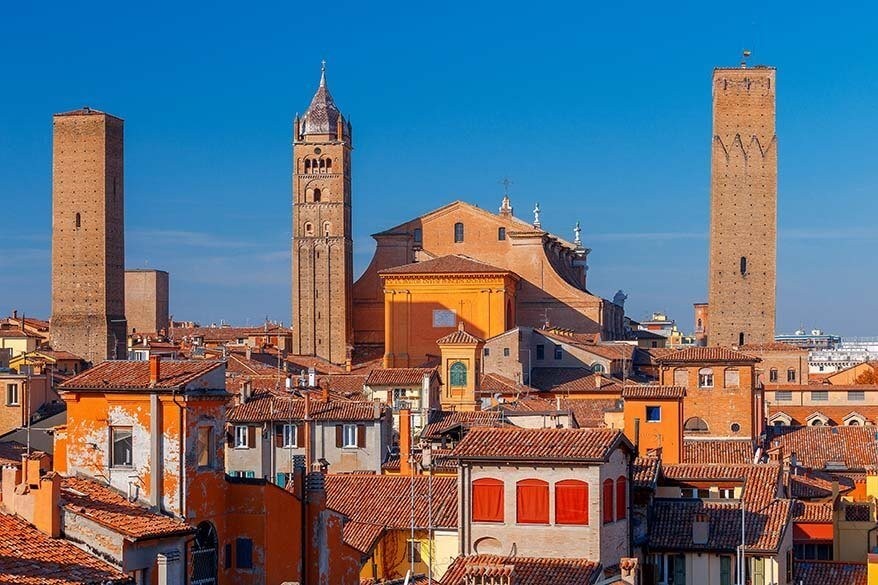 Rooftops and towers of Bologna, Italy, showcasing its architectural heritage