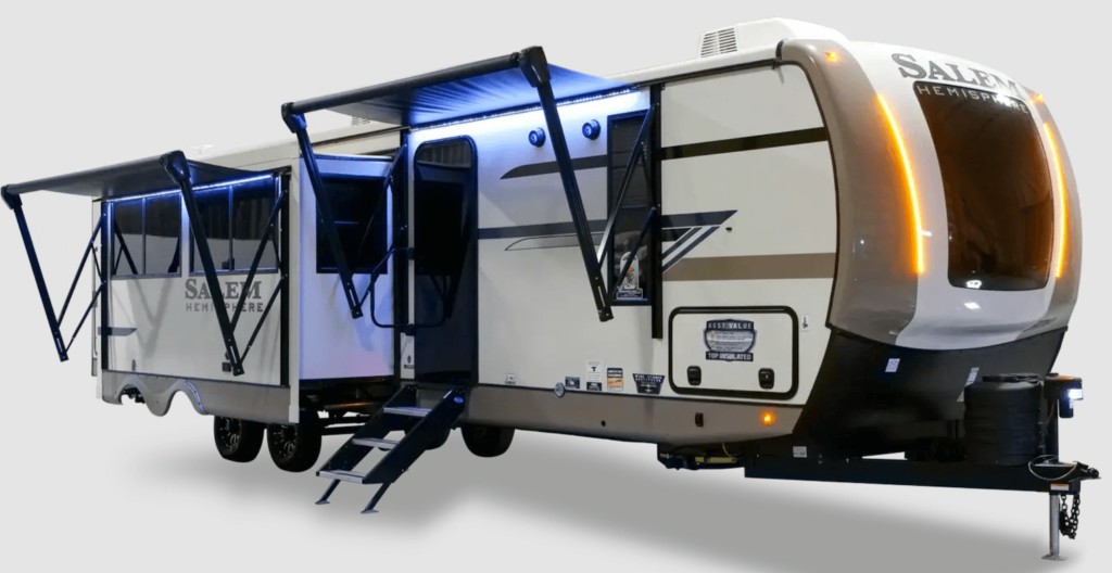 alt text: The Forest River Salem Hemisphere 310BHI travel trailer showcases its modern exterior, designed for families needing washer and dryer prep and comfortable living spaces.