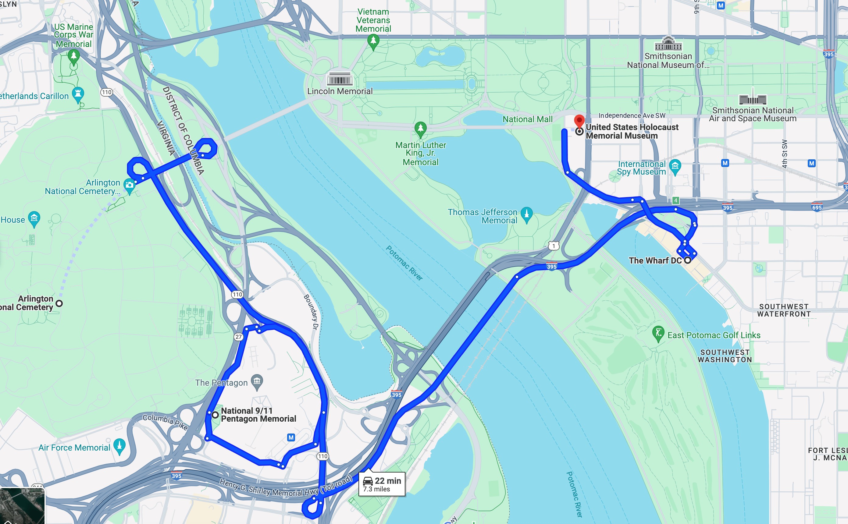 Map of Arlington National Cemetery and Pentagon Memorial area in Washington DC, locations for Day 4 of the DC travel planner