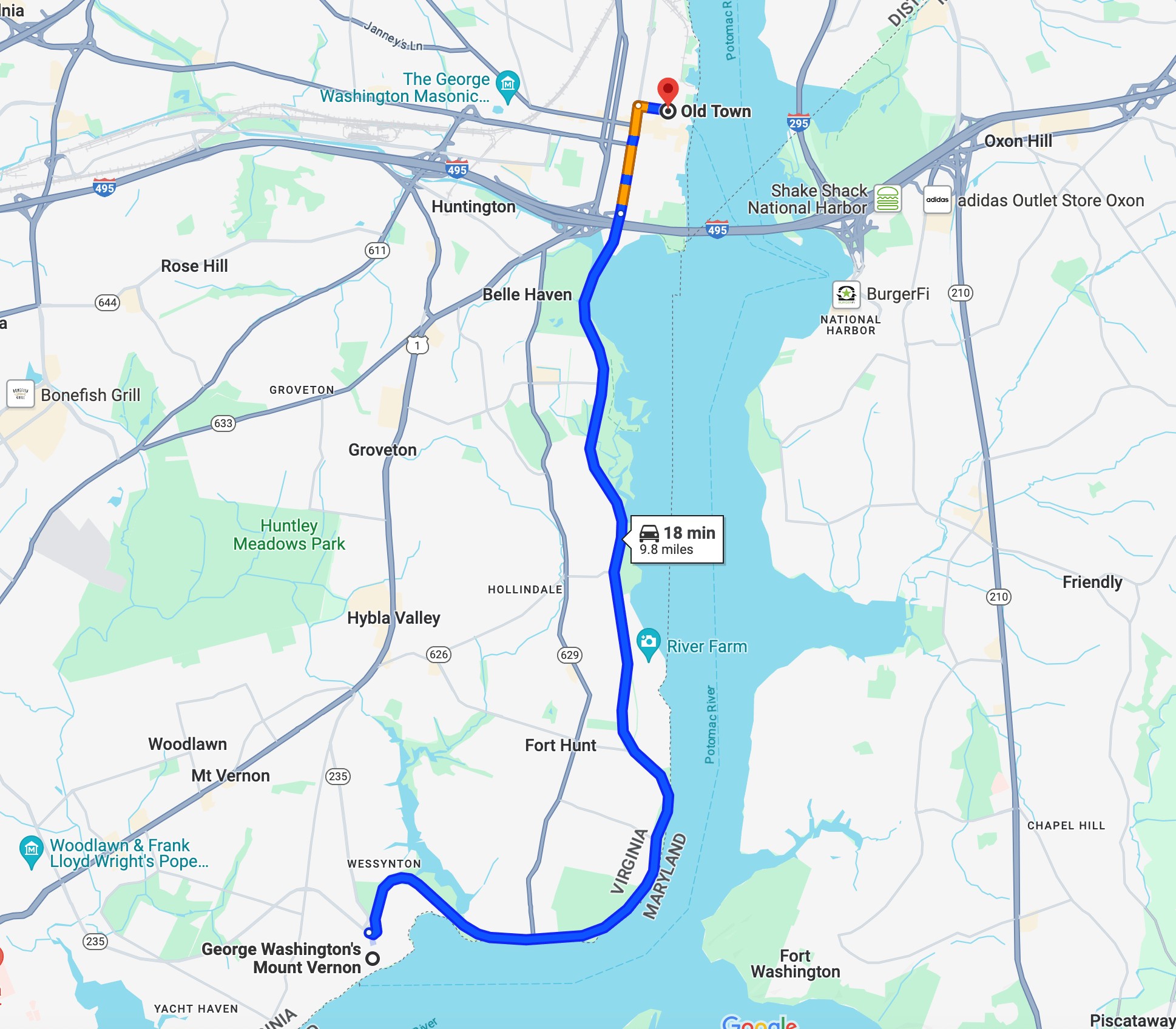 Map of Alexandria and Mount Vernon area near Washington DC, locations for Day 5 of the DC travel planner