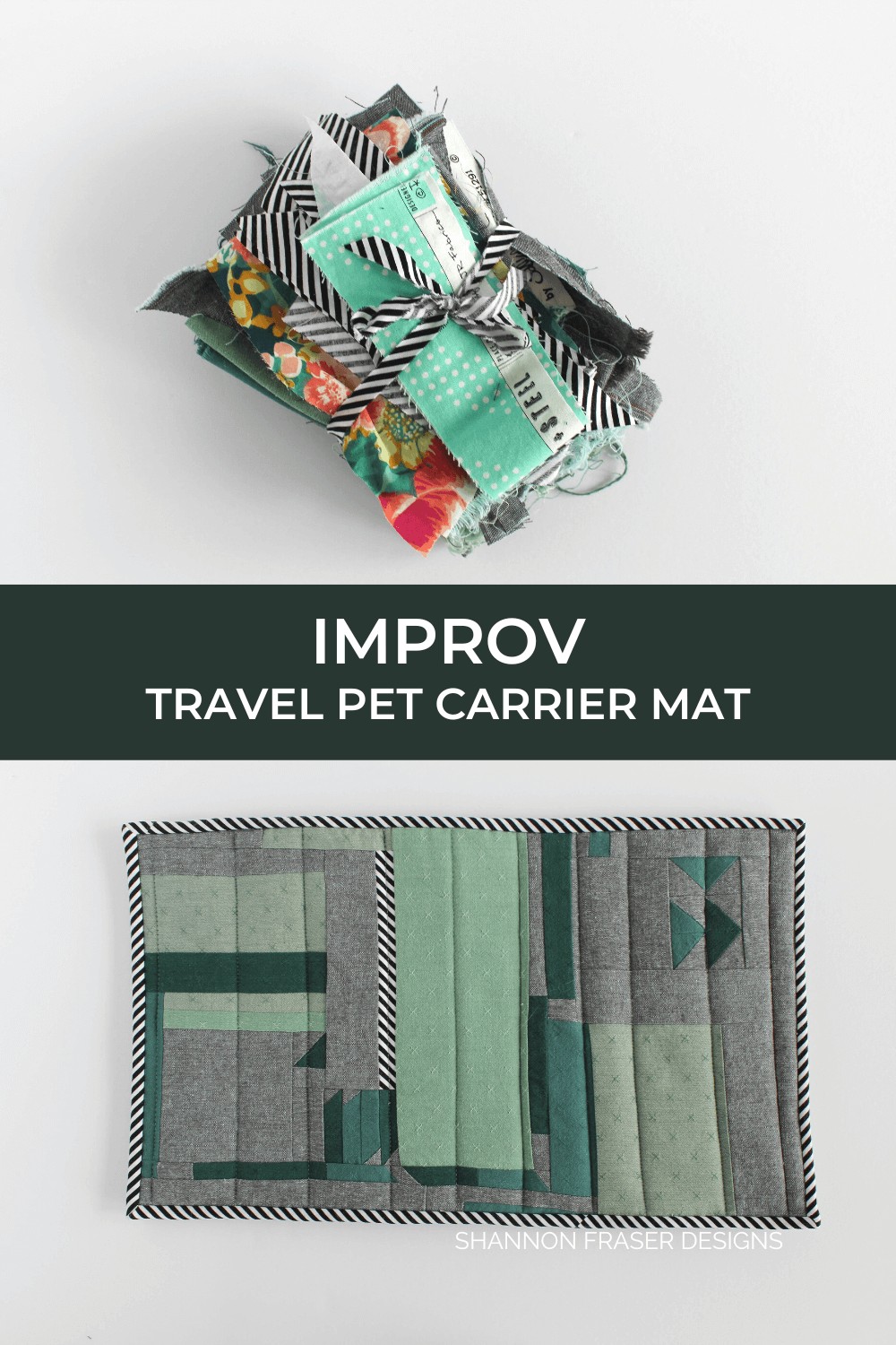 Improv quilted pet travel carrier mat by Shannon Fraser Designs. Pull out your fabric scraps to bring comfort to your pet