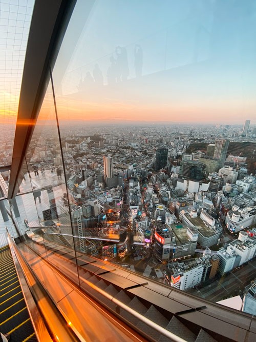 Shibuya Sky at sunset, capturing the vibrant Tokyo skyline