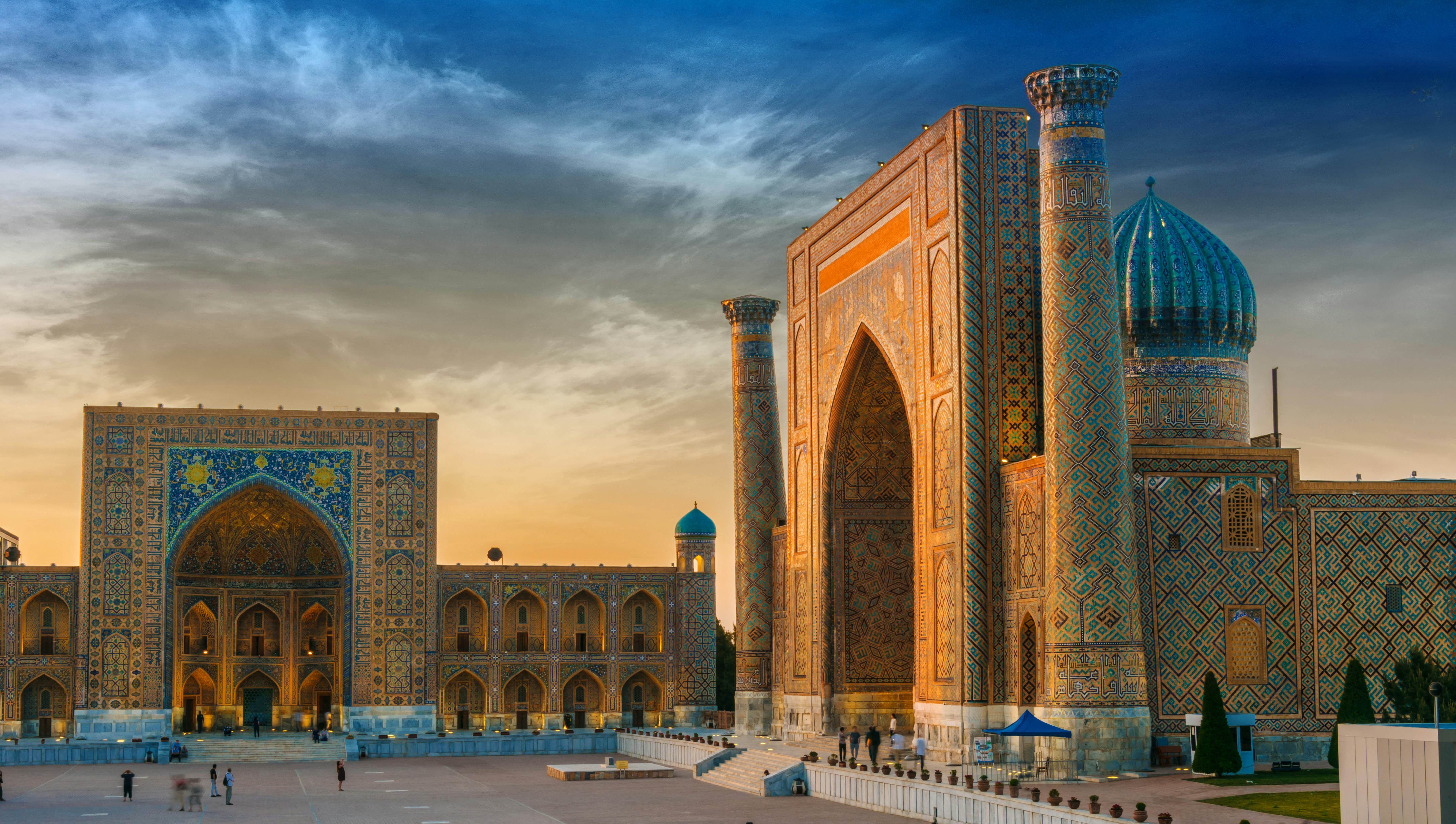 Samarkand, Uzbekistan, Registan Square showcases stunning mosques adorned with intricate tilework, highlighting Silk Road history