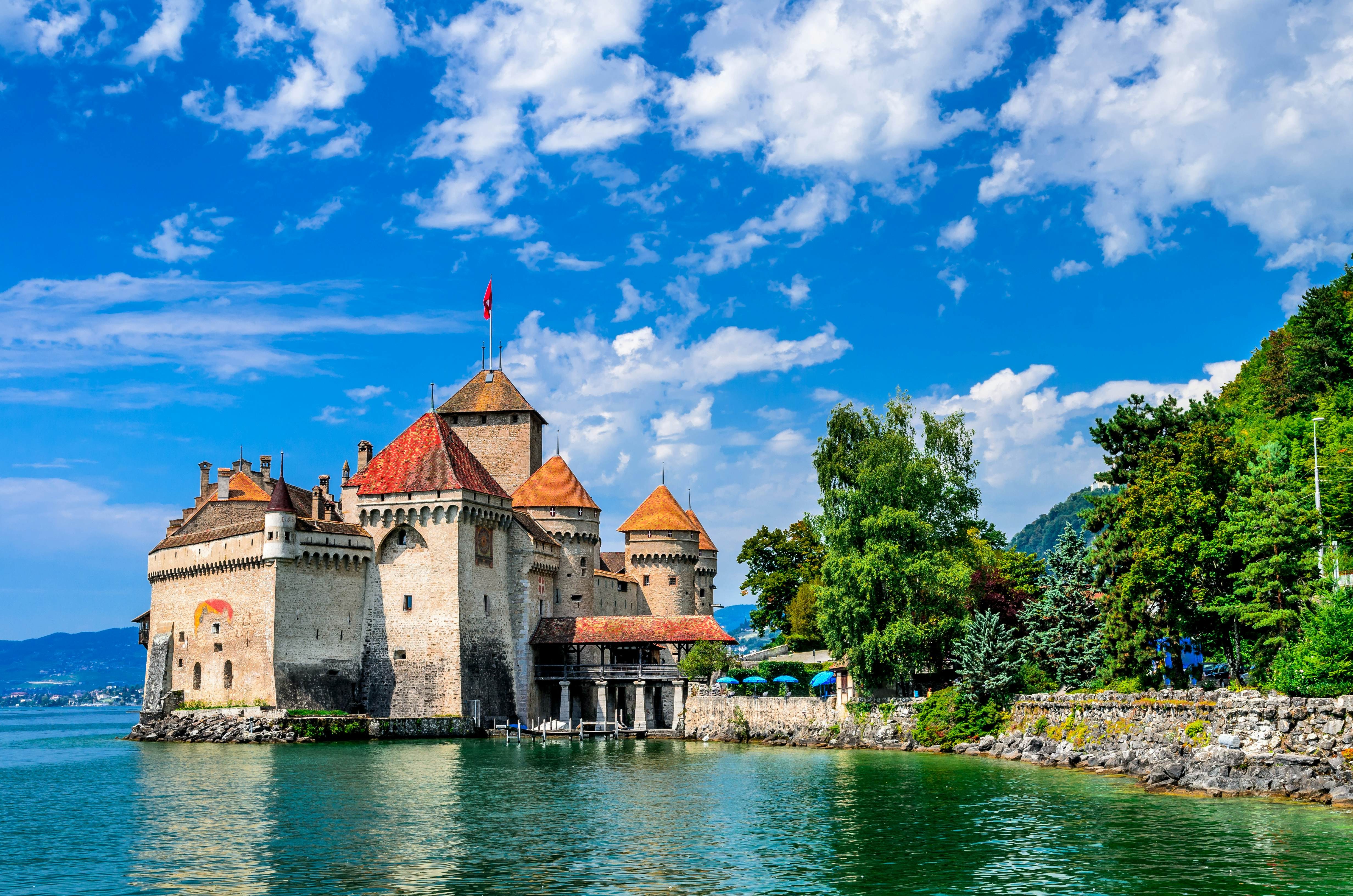 Exterior of Castle Chillon, one of the most visited castles in Switzerland.