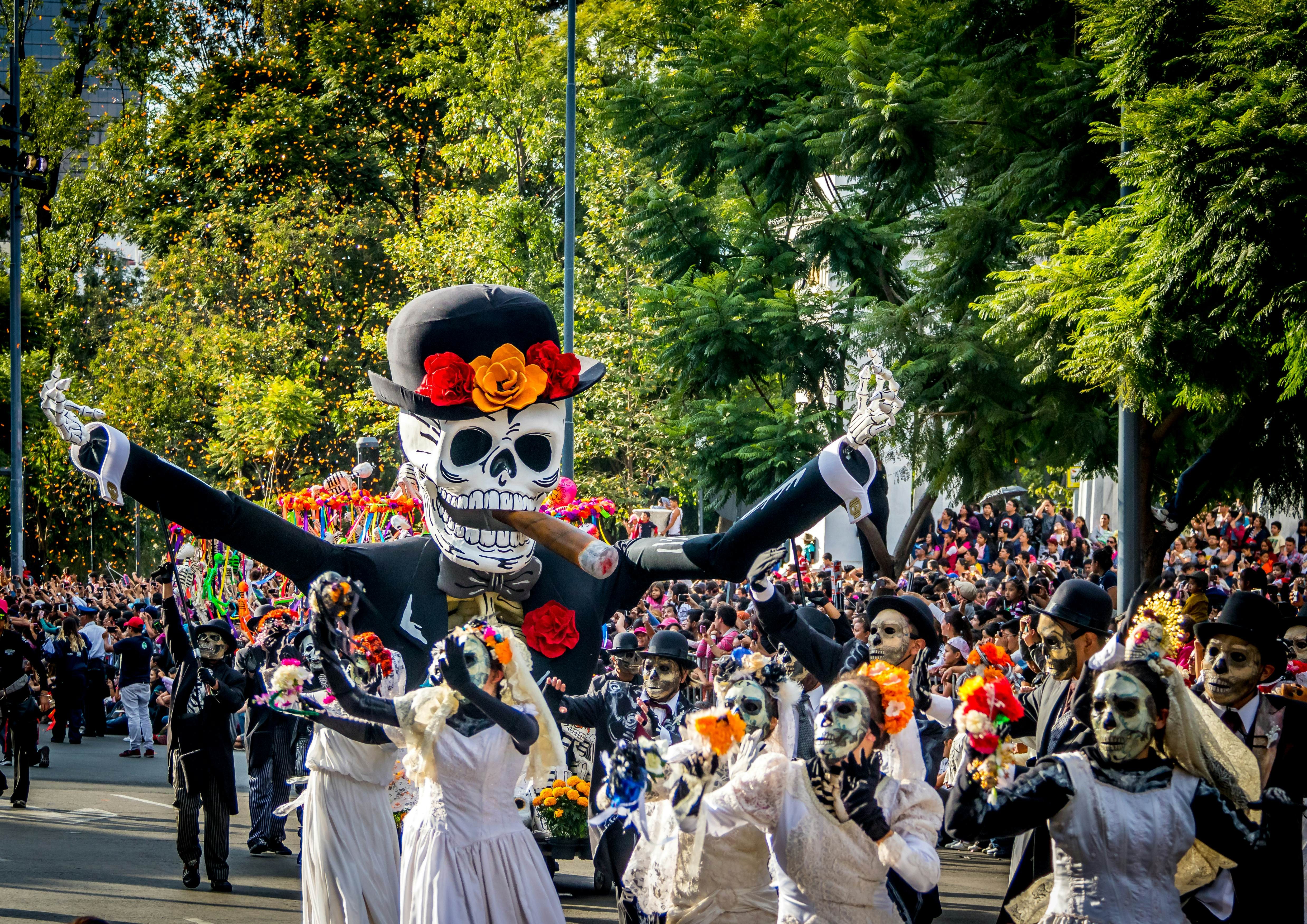 Skull-themed floats during the Day of the Dead parade in Mexico City.