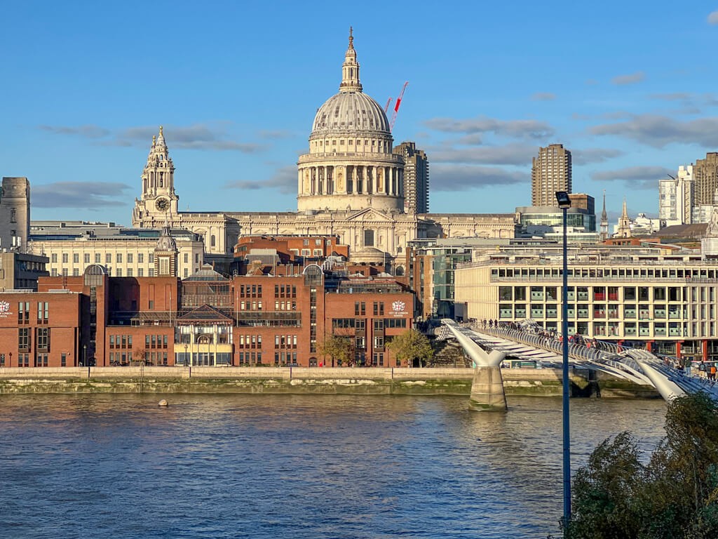 St. Paul's Cathedral and the Millennium Bridge are captured from the Tate Modern, showcasing a classic London scene in November 2023.