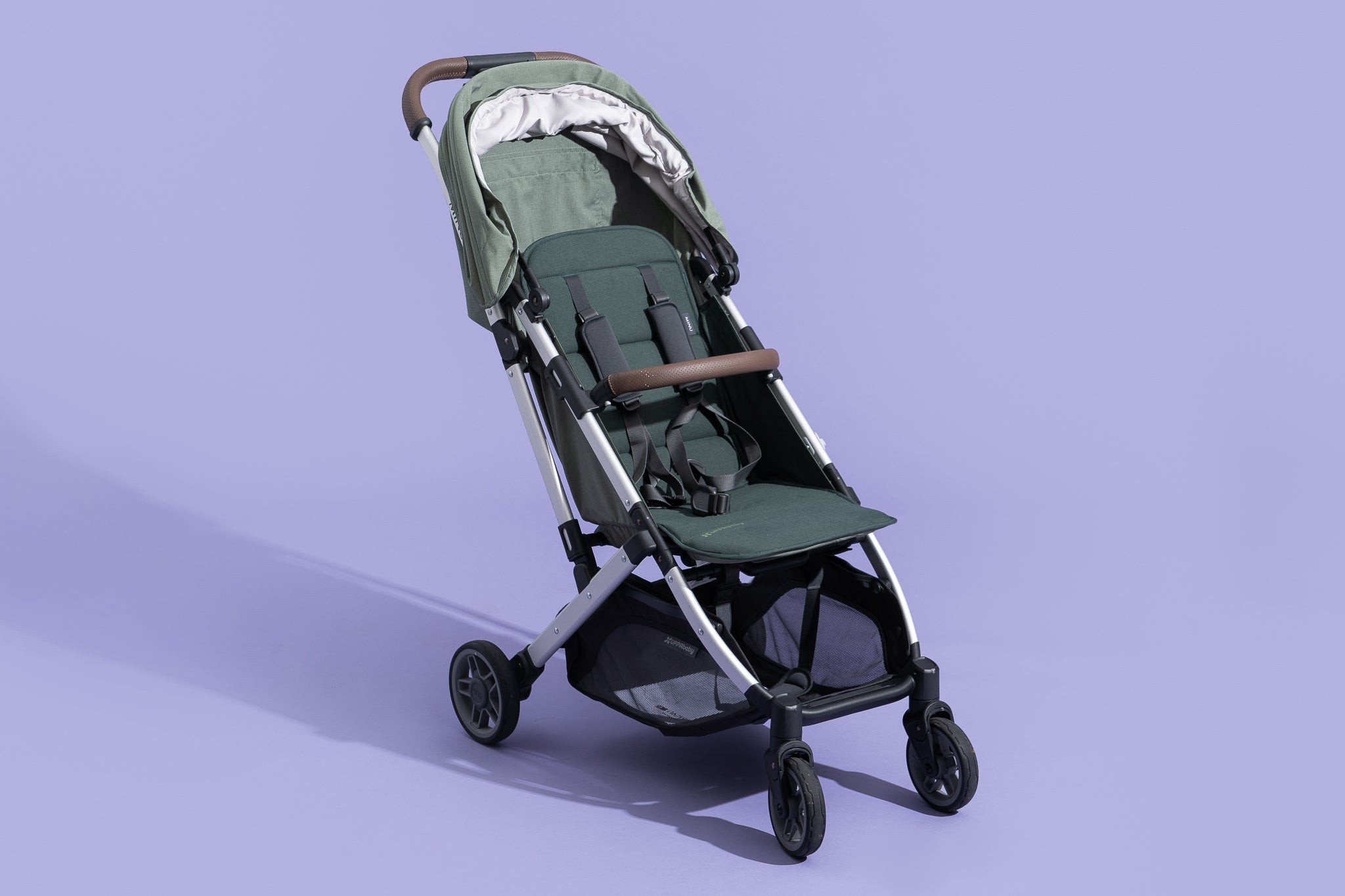 The Uppababy Minu V2, our pick for best travel stroller, showcasing its compact and lightweight design.