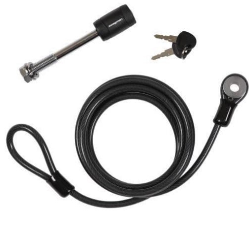 Swagman cable lock integrated with the hitch pin for bike rack and bike security.