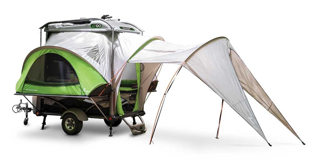 SylvanSport Go versatile pop-up camper, showcasing its compact cargo hauler form and expanded tent mode