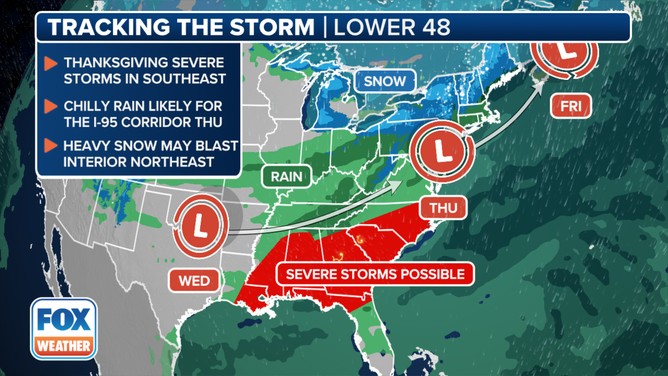 This graphic provides an overview of a powerful winter storm that will impact the eastern half of the U.S. on Thanksgiving, including heavy snow and rain in the Northeast and severe weather in the Southeast.