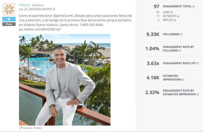 Jaime Camil posing in front of a Vidanta property, smiling broadly.