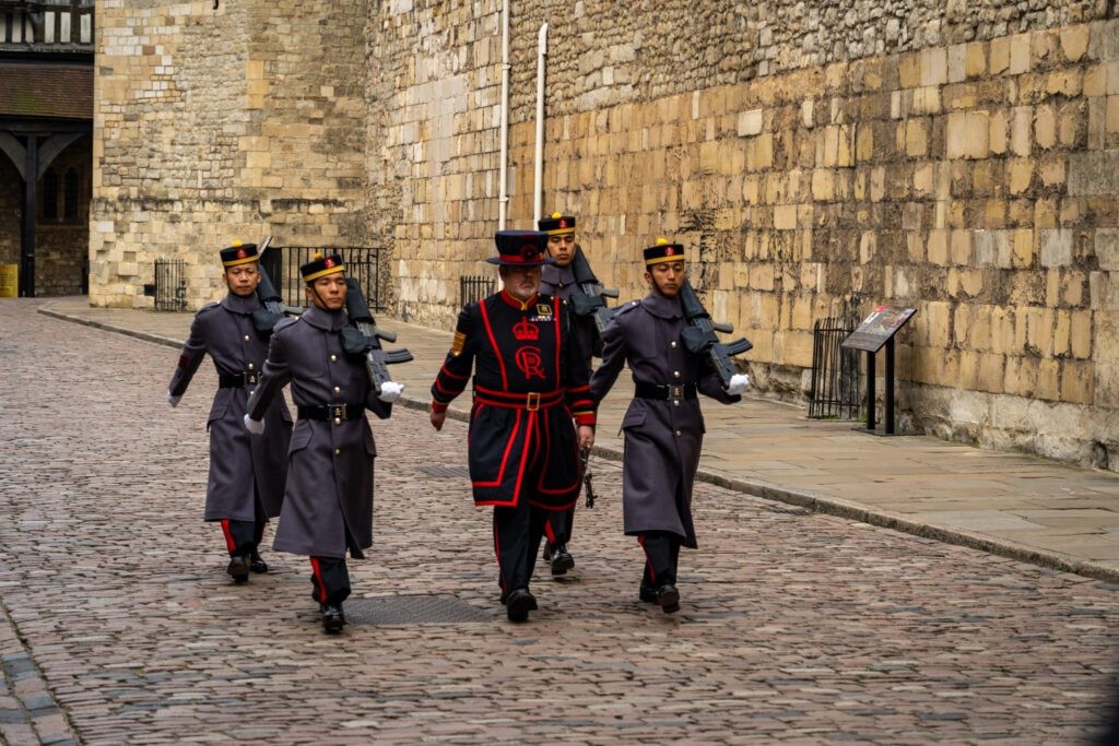 Yeoman Warders participating in the Ceremony of the Keys at the Tower of London, a traditional evening locking-up ritual