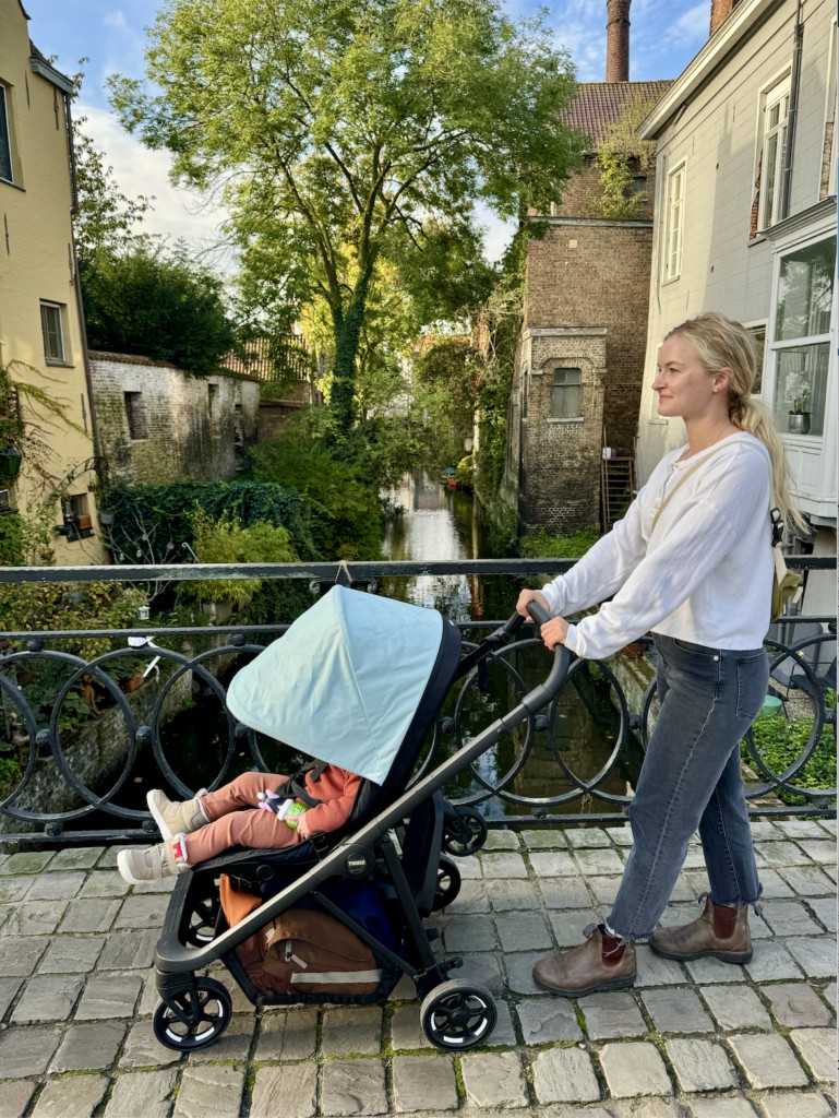 Thule Shine stroller navigating cobblestone streets in Europe