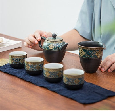 A close-up shot of a ceramic travel tea set, highlighting the texture and craftsmanship, ideal for tea enthusiasts who appreciate quality.