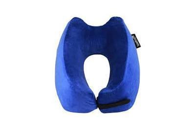 The Travelrest Ultimate pillow showcasing its grippy back and ergonomic shape against an airline seat.