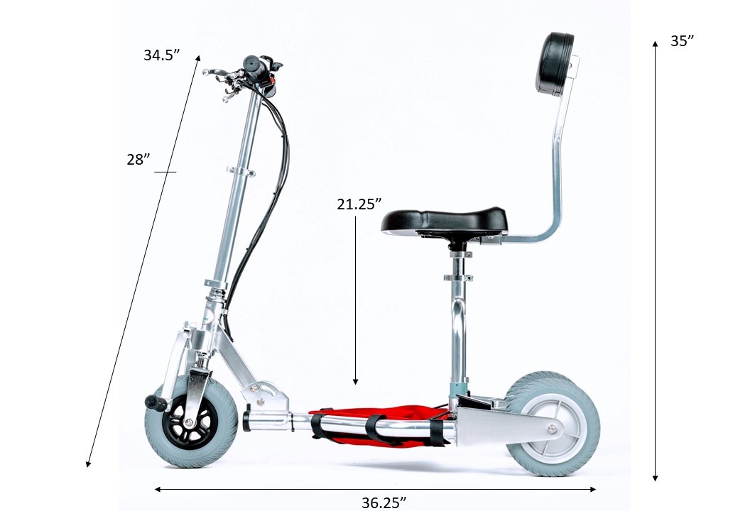 TravelScoot Escape profile dimensions for lightweight mobility scooter, illustrating its compact yet comfortable size