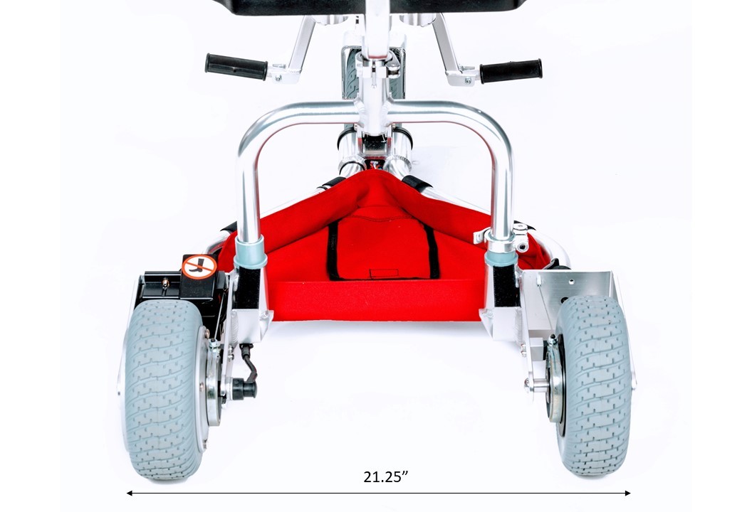 TravelScoot lightweight mobility scooter rear dimensions, showing its compact width for maneuverability