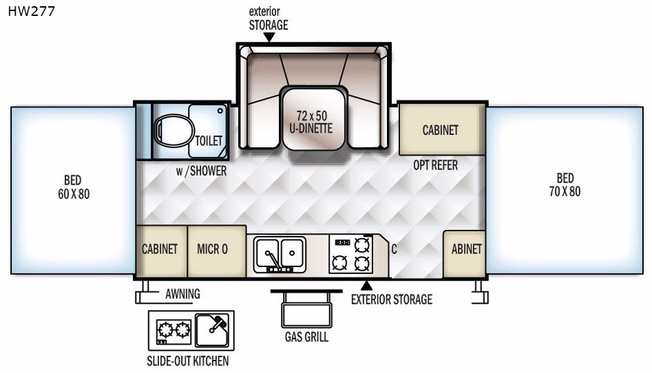 Technical drawing of the 2017 Forest River RV Rockwood 277HW folding camper's layout, showing interior dimensions and features.