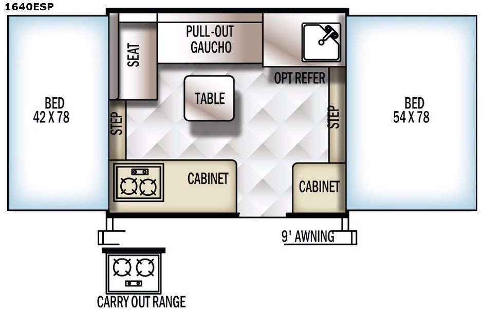 Dimensional blueprint of the 2018 Forest River RV Rockwood Extreme Sports 1640ESP folding camper, highlighting the off-road specifications and layout.