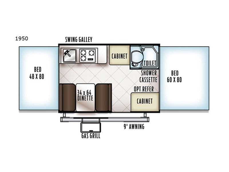 Schematic of the 2019 Forest River RV Rockwood Freedom Series 1950 folding camper's layout, showcasing the self-contained amenities.