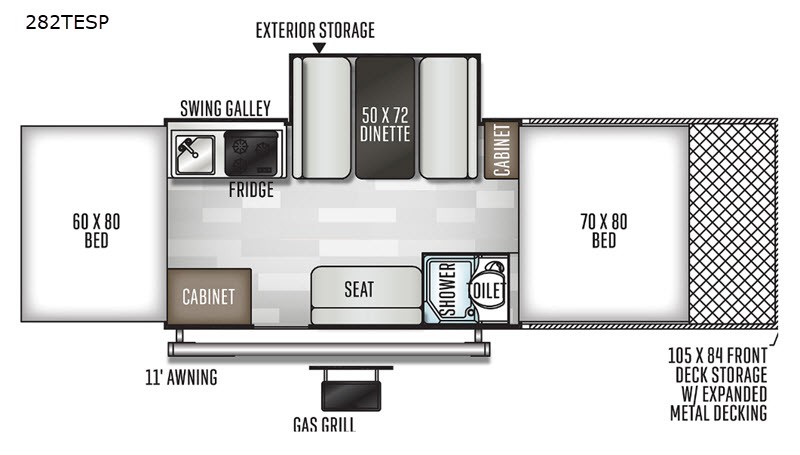 Detailed floorplan of the 2023 Forest River RV Rockwood Extreme Sports 282TESP folding camper, showing the interior arrangement designed for ATV transport.