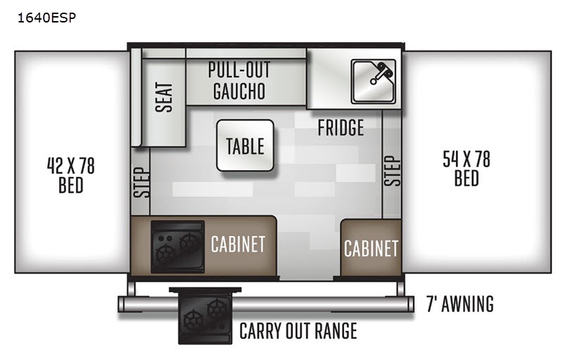 Schematic diagram of the 2021 Forest River RV Rockwood Extreme Sports 1640ESP folding camper, illustrating the layout and sports-oriented design.