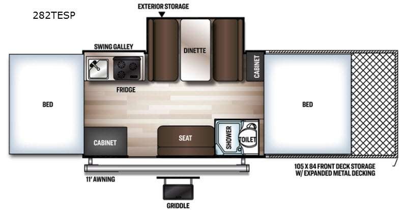 Internal layout schematic of the 2021 Forest River RV Rockwood Extreme Sports 282TESP folding camper, detailing the space designed for ATV accommodation and living.