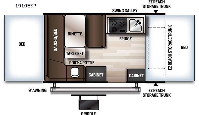 Interior design plan of the 2022 Forest River RV Rockwood Extreme Sports 1910ESP folding camper, detailing the internal arrangements and dimensions.