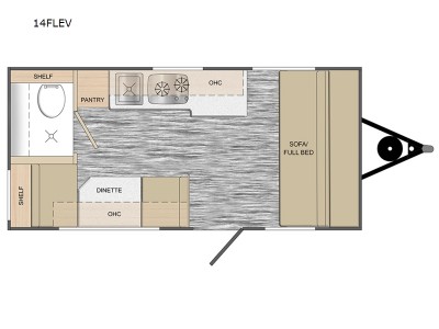 Image of the floor plan of a Travel Lite Rove Lite 14FLEV travel trailer, illustrating the layout and space utilization.