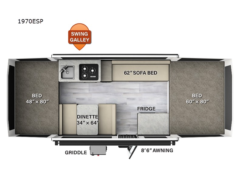 Technical drawing of the 2023 Forest River RV Rockwood Extreme Sports 1970ESP folding camper, showing the layout and dimensions for off-road models.