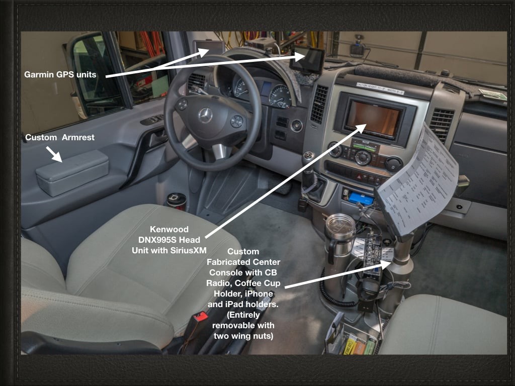 Unity travel van cockpit upgrades including armrest, head unit, GPS, radar detector, dashcam, and custom center console.