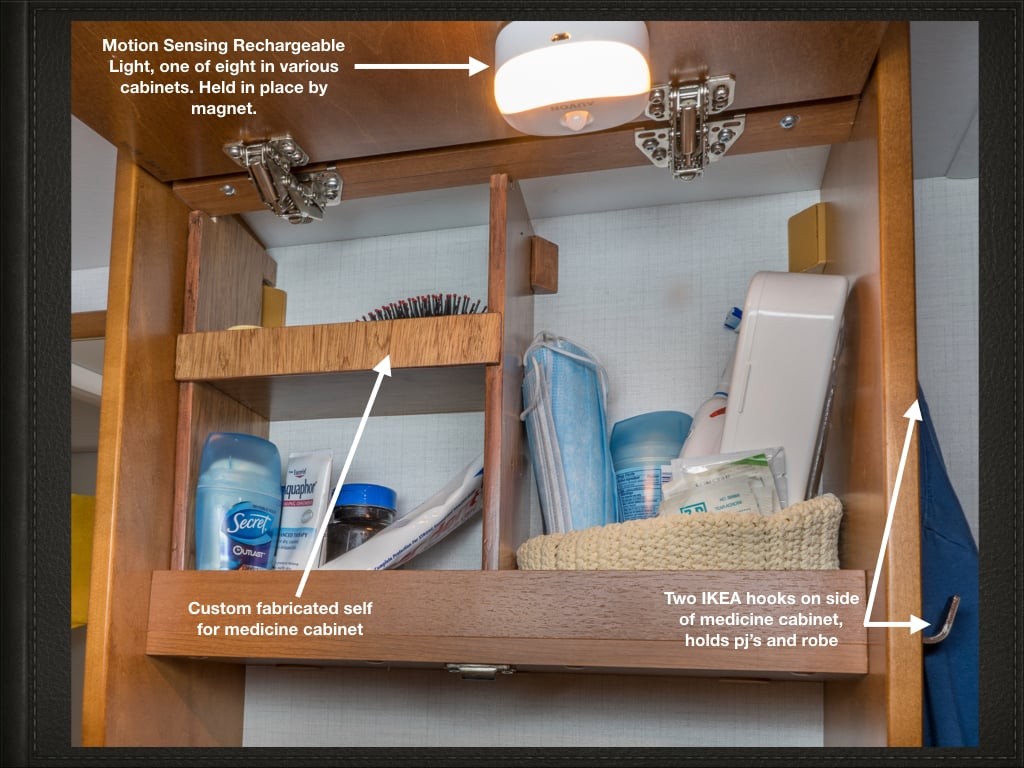 Bathroom cabinet modifications in a Unity travel van for improved organization and storage solutions.