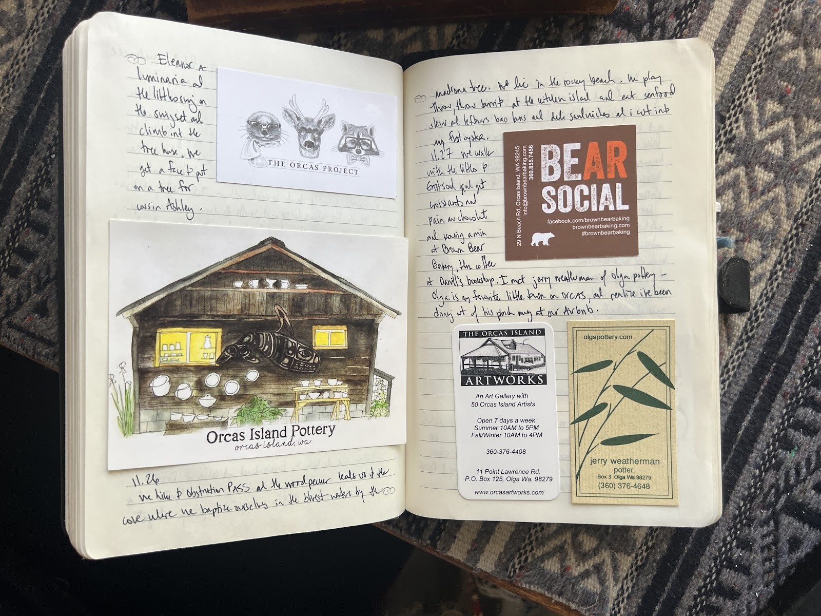 Open travel journal with handwritten notes and glued-in paper ephemera, showcasing the creative process of travel journaling