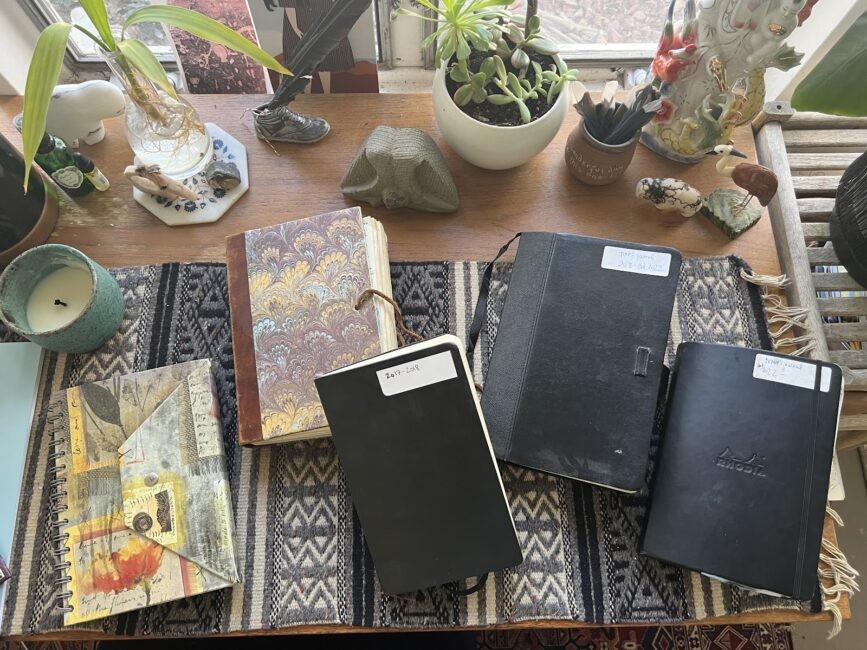 Travel journal with pressed leaves and handwritten notes, showcasing the personal and nature-connected aspect of travel journaling