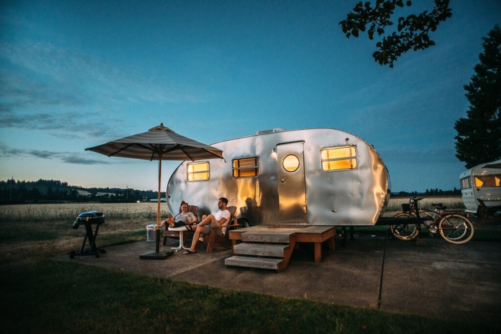 Used travel trailer at a scenic overlook