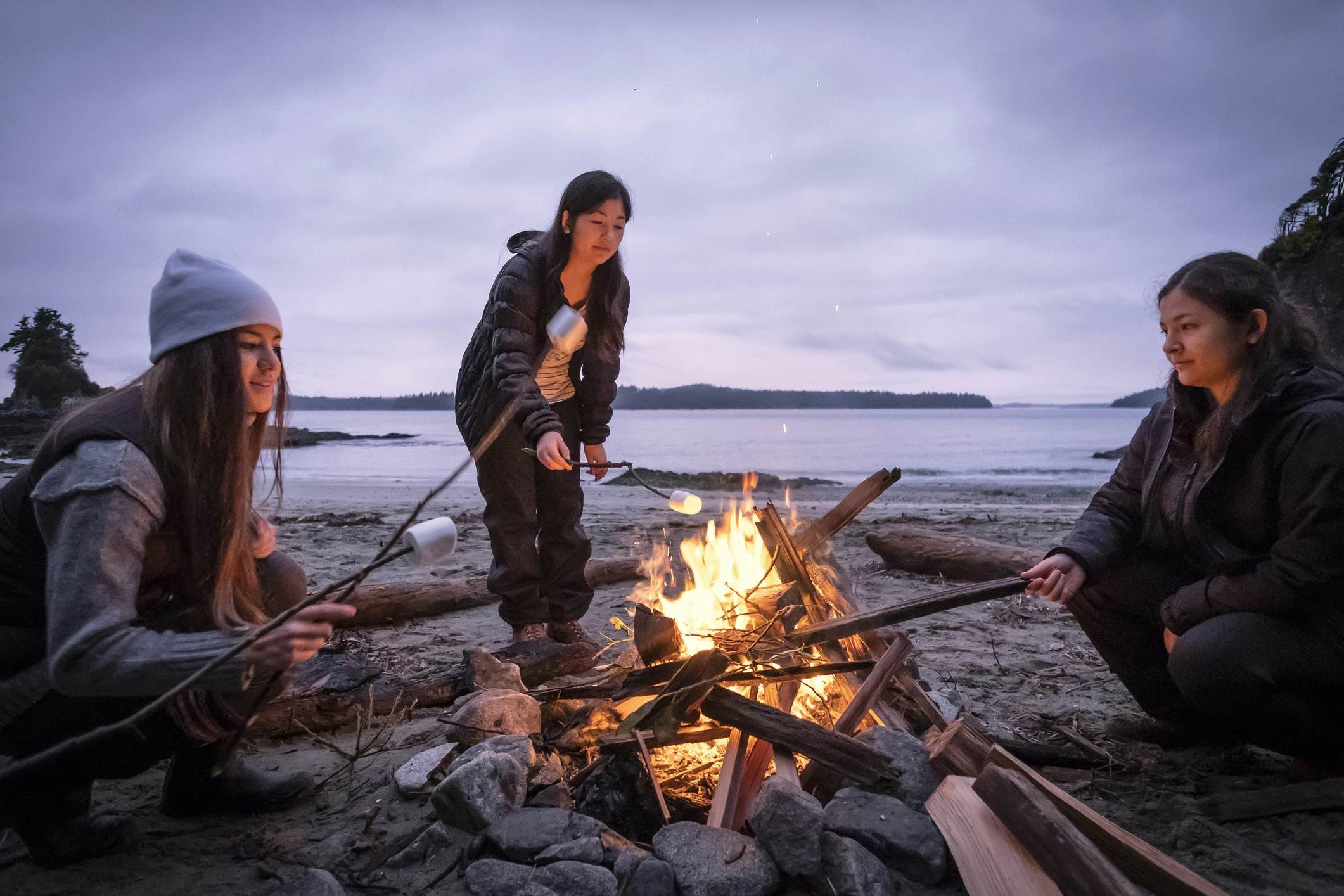 Campfire on Vancouver Island Beach at Sunset