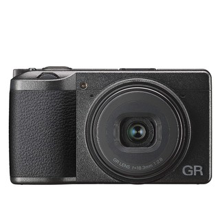 The Ricoh GR IIIx is presented on a white background, emphasizing its pocketable size and sleek design.