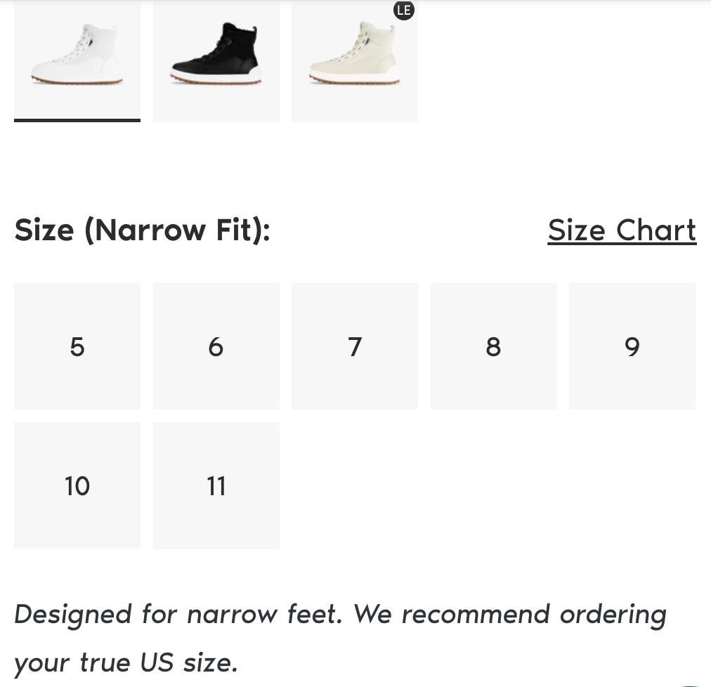 Screenshot of Vessi product page highlighting full size options and size chart.