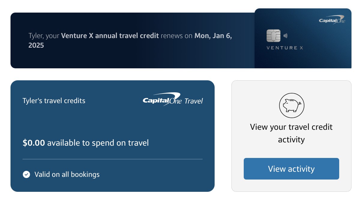 Screenshot of Capital One online account showing the &quot;Travel&quot; section.